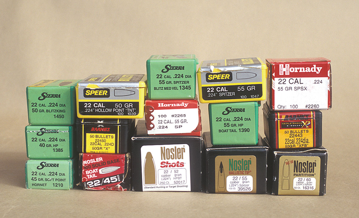 A variety of .224-inch bullets from Speer, Sierra,  Hornady, Nosler and Barnes were used to develop .222  Remington load data.